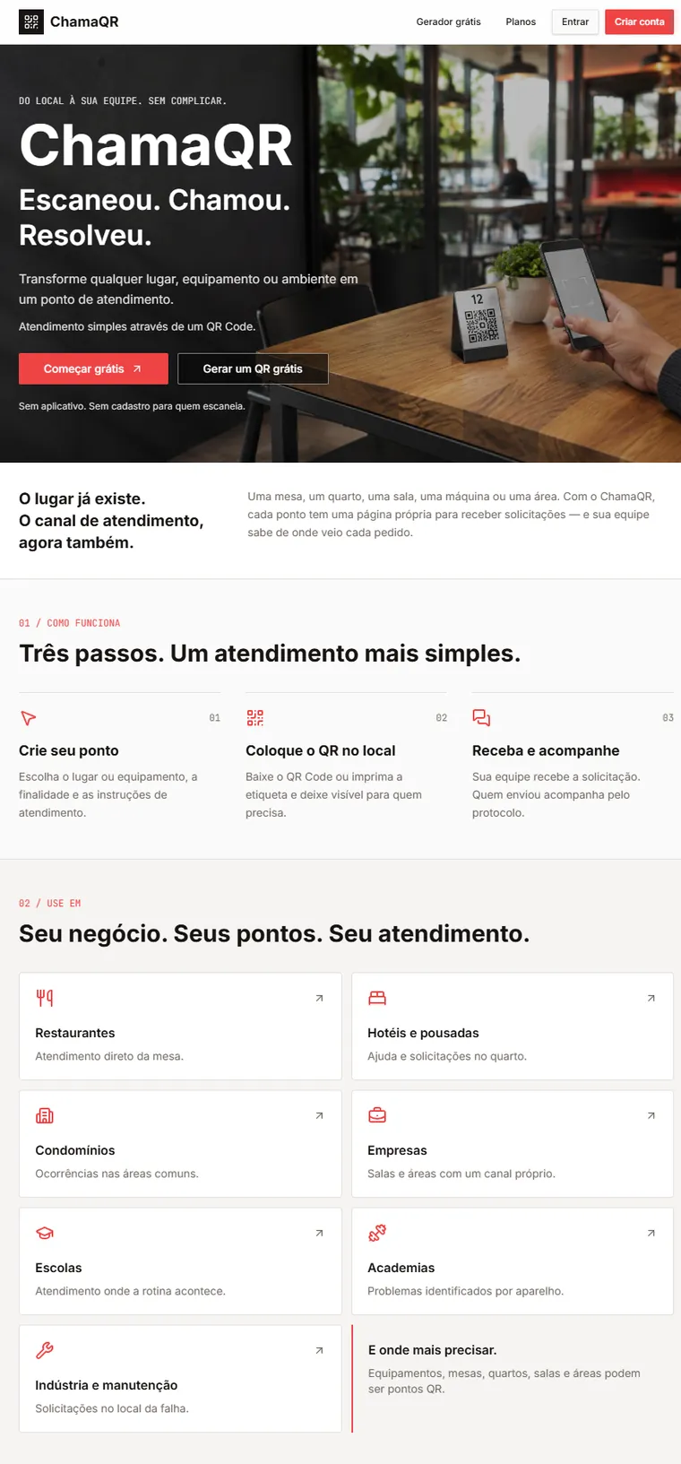 Página inicial do ChamaQR: sistema de pontos de atendimento por QR Code, com os passos de uso e os lugares onde funciona.