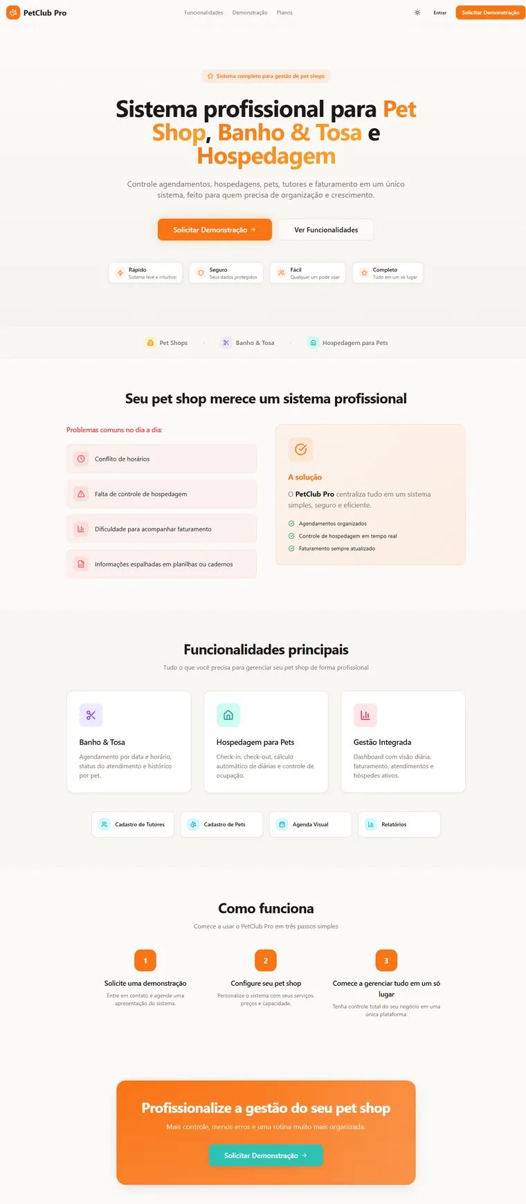 Página inicial do PetClub Pro: sistema para pet shop com agenda de banho e tosa, hospedagem e cadastro de pets.